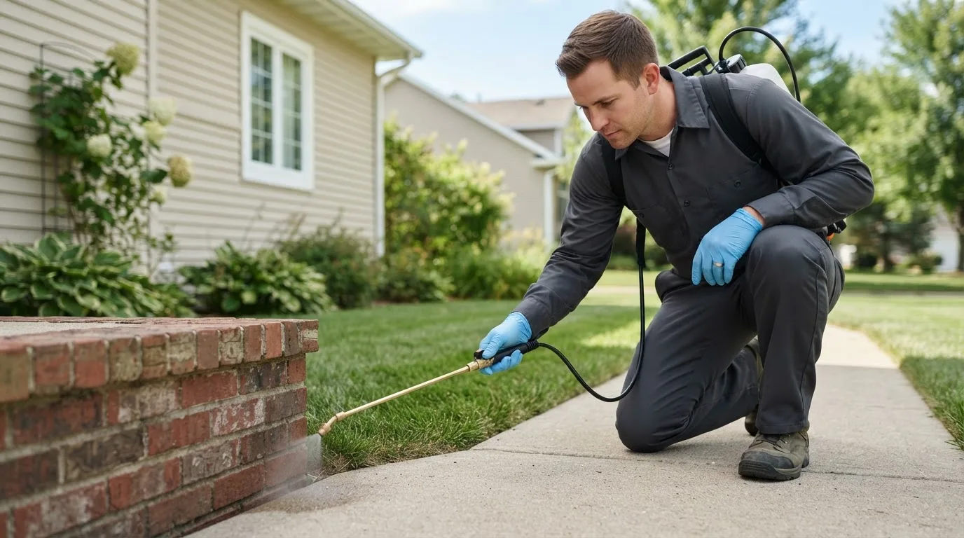 Pest control technician treating a home near Delta, UT